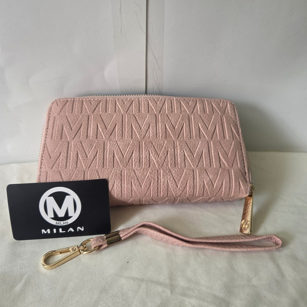 Milan Rose Pink Double Zip Around Wallet Embossed Monogram Wristlet HM1570